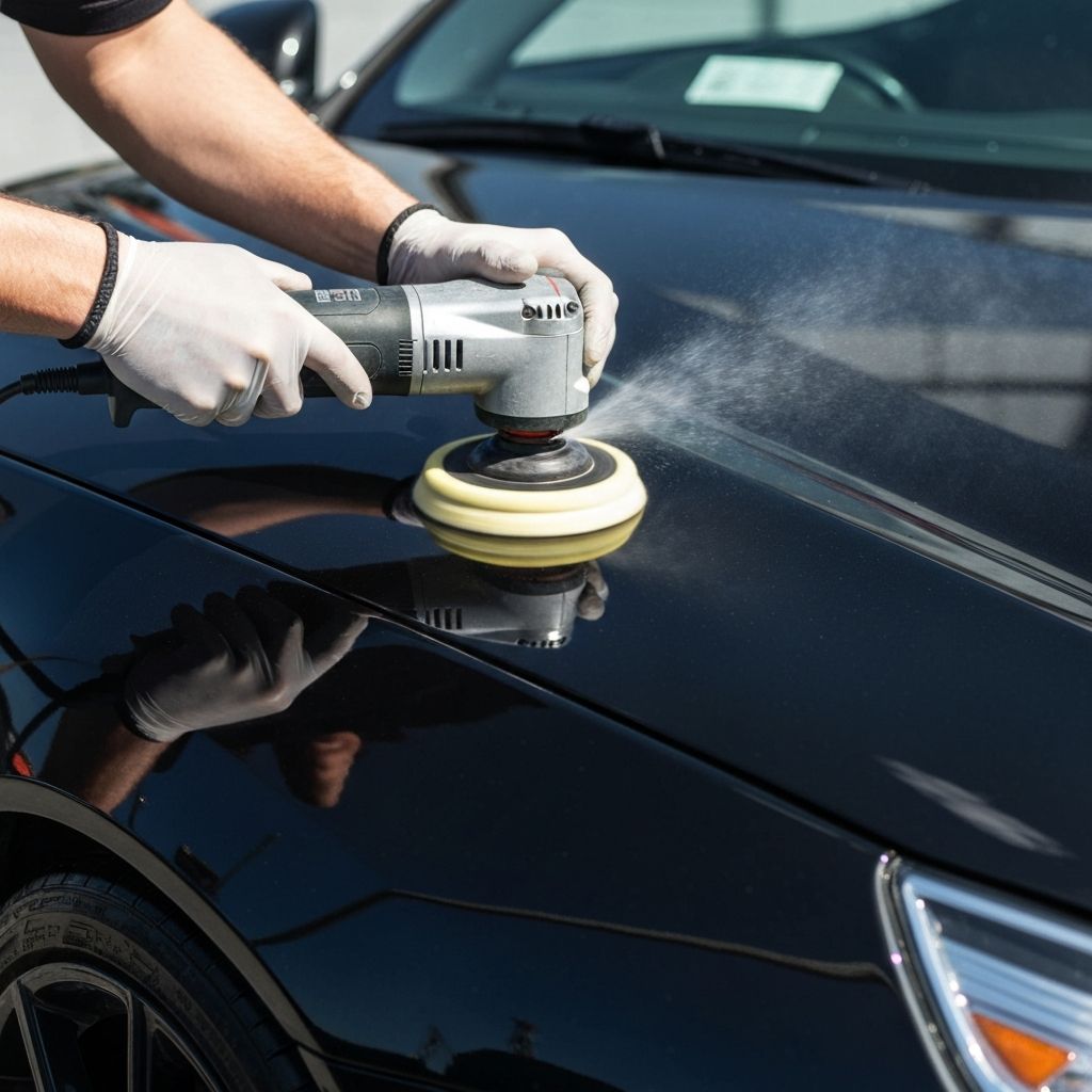 Professional machine polishing on glossy black car paint
