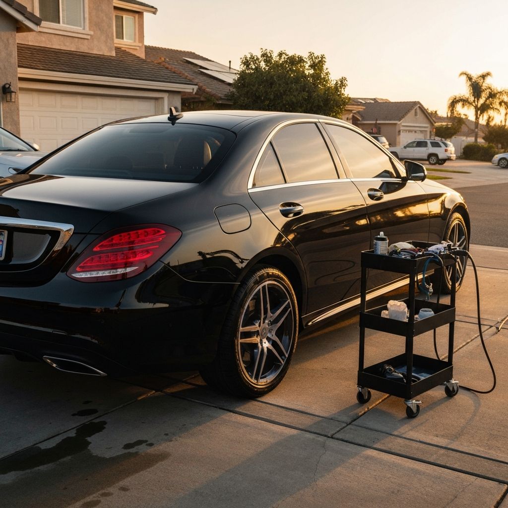 Freshly detailed Mercedes sedan with mirror-like finish